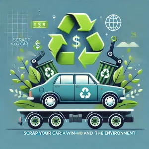 DALL·E 2024 08 13 08.54.27 A blog post header image that emphasizes the environmental and financial benefits of scrapping old vehicles. The image should depict an old car being