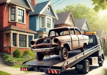 DALL·E 2024 08 26 14.09.50 A professional image showing a scrap car being towed from a driveway in a suburban area in Toronto. The car is old and rusted clearly ready for recyc