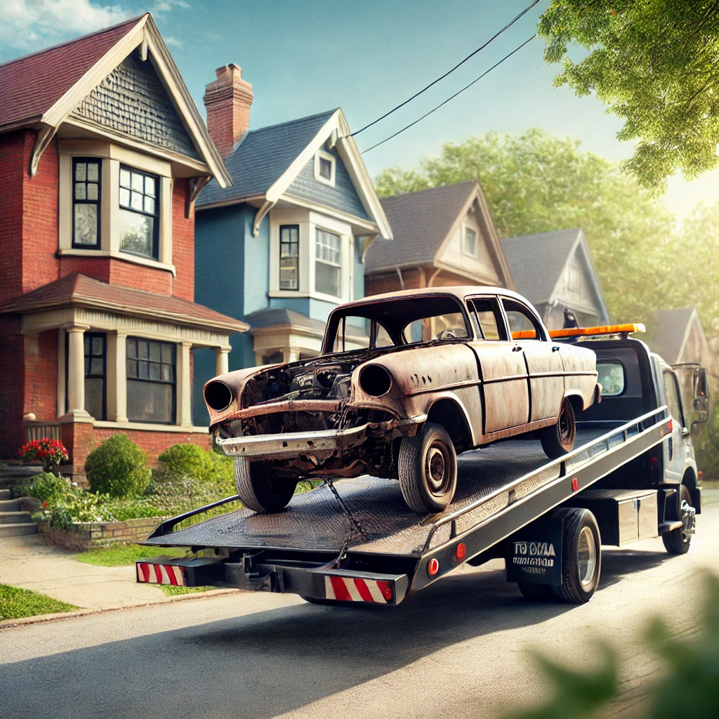 DALL·E 2024 08 26 14.09.50 A professional image showing a scrap car being towed from a driveway in a suburban area in Toronto. The car is old and rusted clearly ready for recyc